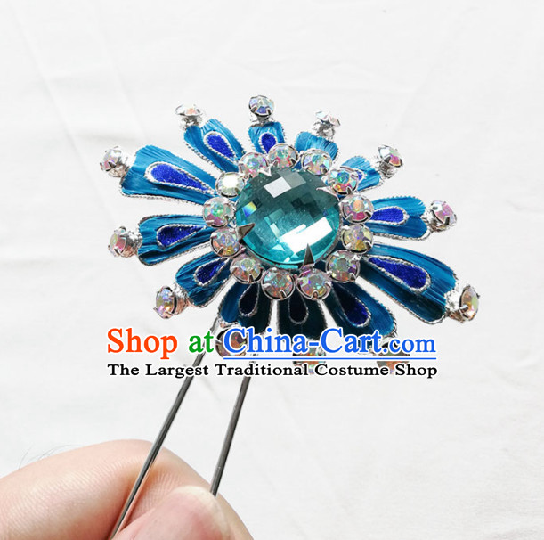 Chinese Ancient Princess Blue Crystal Hairpins Traditional Beijing Opera Diva Court Hair Accessories for Adults