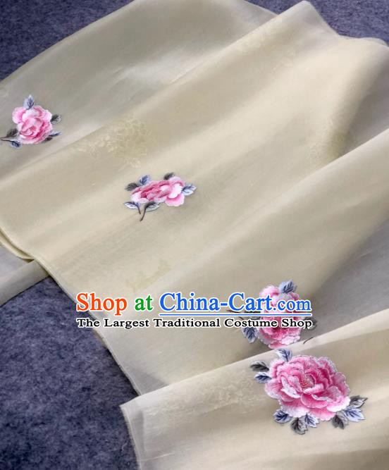 Traditional Chinese Beige Silk Fabric Classical Embroidered Peony Pattern Design Brocade Fabric Asian Satin Material