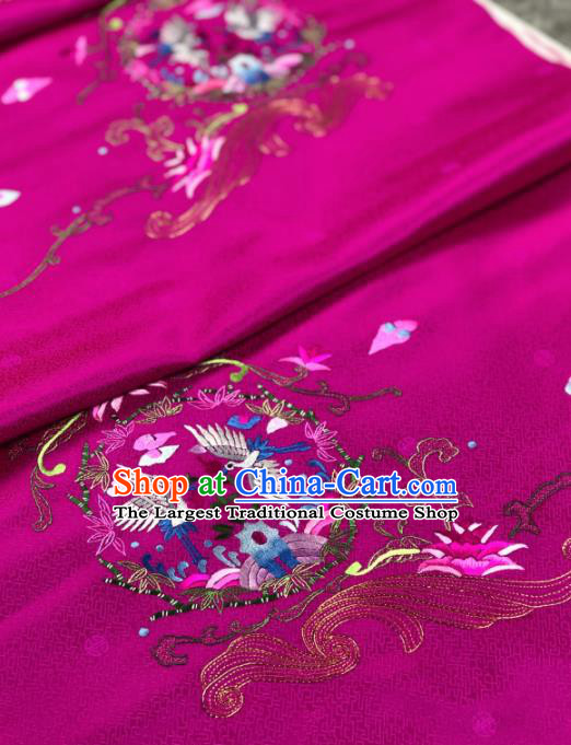 Traditional Chinese Rosy Silk Fabric Classical Embroidered Cranes Pattern Design Brocade Fabric Asian Satin Material