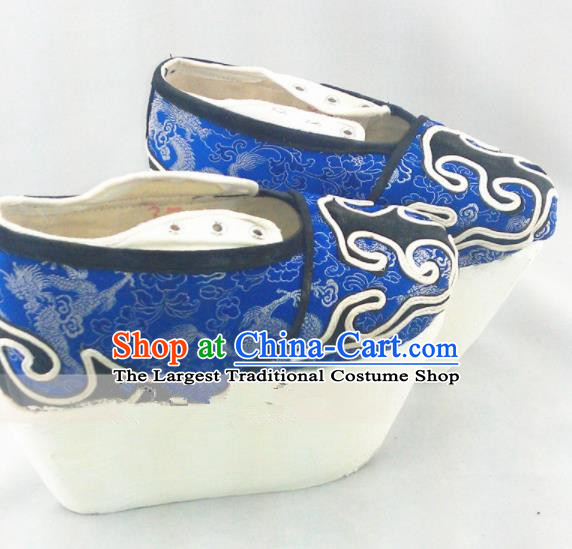 Chinese Ancient Prince Hanfu Blue Satin Shoes Traditional Beijing Opera Niche Embroidered Shoes for Adults