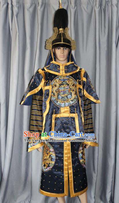 Chinese Traditional Costume Ancient Qing Dynasty Manchu General Helmet and Body Armour for Men