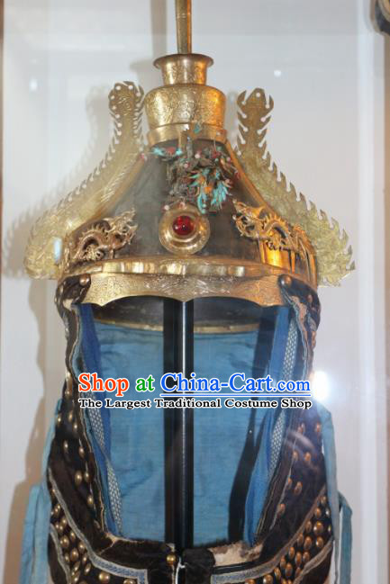 Chinese Ancient Drama Manchu General Helmet Traditional Qing Dynasty Minister Headwear for Men