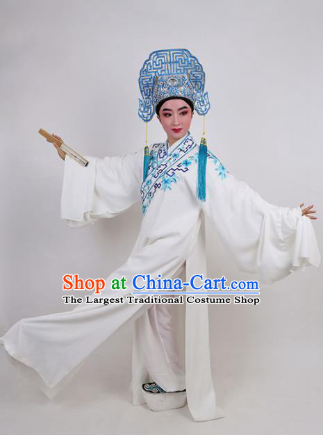 Chinese Traditional Beijing Opera Niche White Robe Ancient Scholar Nobility Childe Embroidered Costume for Men