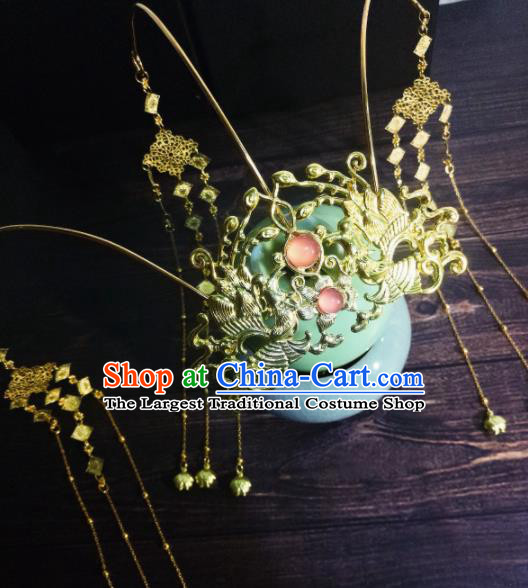 Chinese Ancient Palace Princess Hairpins Golden Tassel Phoenix Coronet Traditional Hanfu Hair Accessories for Women