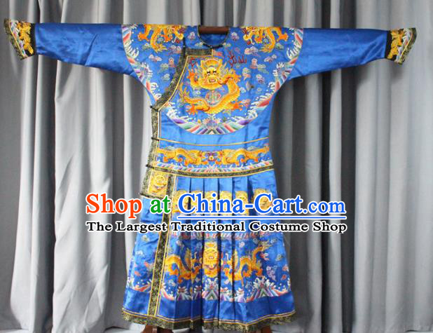 Chinese Traditional Drama Manchu Blue Costume Ancient Qing Dynasty Emperor Imperial Robe for Men