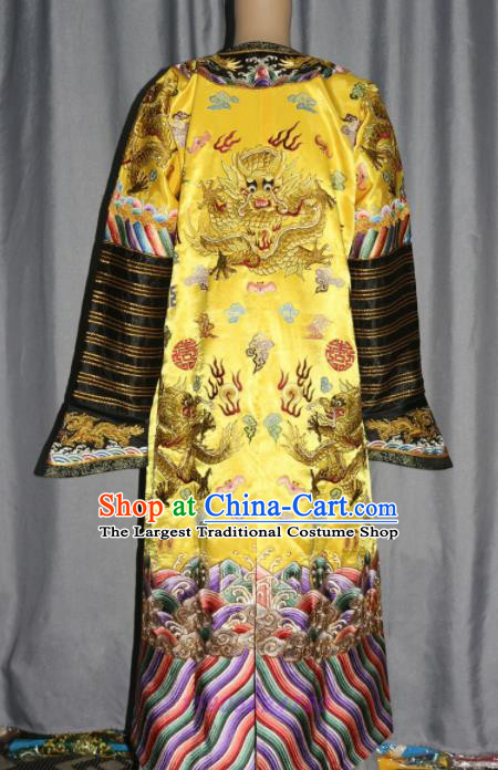 Chinese Traditional Drama Manchu Golden Costume Ancient Qing Dynasty Emperor Imperial Robe for Men