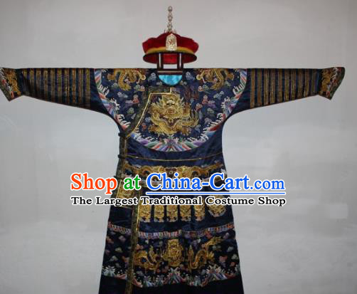 Chinese Traditional Drama Manchu Navy Silk Costume Ancient Qing Dynasty Emperor Imperial Robe for Men