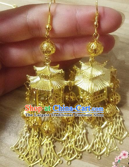 Chinese Ancient Princess Golden Tassel Earrings Traditional Hanfu Palace Jewelry Accessories for Women