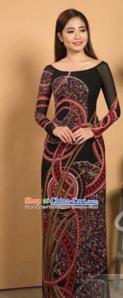 Asian Vietnam Traditional Printing Brown Dress Vietnamese Classical Ao Dai Cheongsam for Women