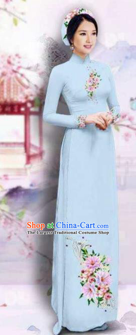 Asian Vietnam Traditional Printing Flowers Blue Dress Vietnamese Classical Ao Dai Cheongsam for Women