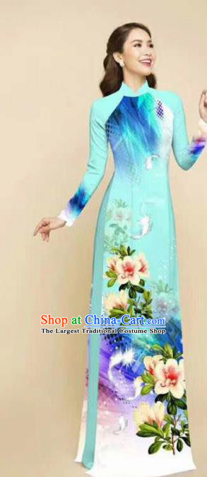 Asian Vietnam Traditional Printing Flowers Green Dress Vietnamese Classical Ao Dai Cheongsam for Women