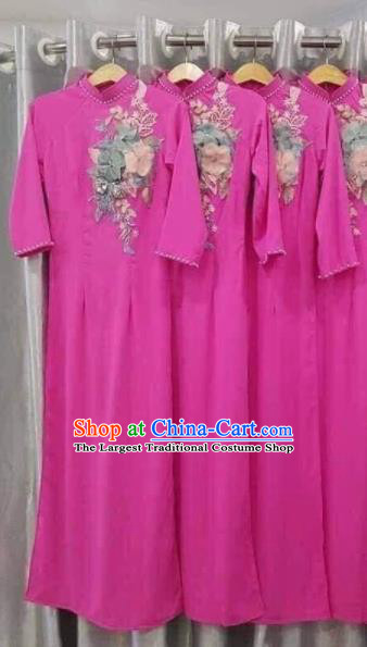 Asian Vietnam Traditional Embroidered Rosy Dress Vietnamese National Classical Ao Dai Cheongsam for Women