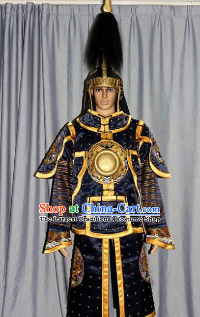 Chinese Traditional Drama Tabard Costume Ancient Qing Dynasty Manchu General Helmet and Body Armour for Men