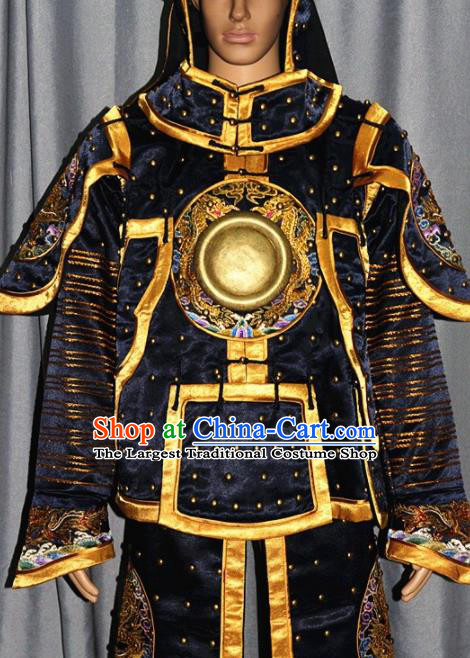 Chinese Traditional Drama Tabard Costume Ancient Qing Dynasty Manchu General Helmet and Body Armour for Men