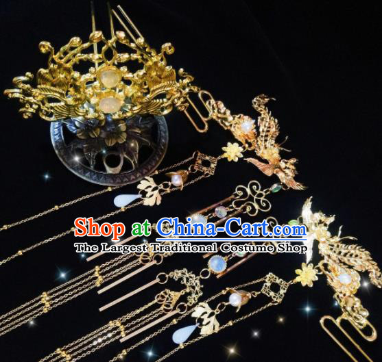 Chinese Ancient Palace Princess Golden Hairdo Crown Tassel Hairpins Traditional Hanfu Hair Accessories for Women