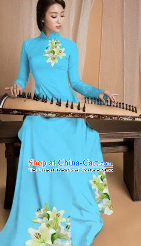 Asian Vietnam Traditional Printing Lily Flowers Light Blue Dress Vietnamese National Classical Ao Dai Cheongsam for Women