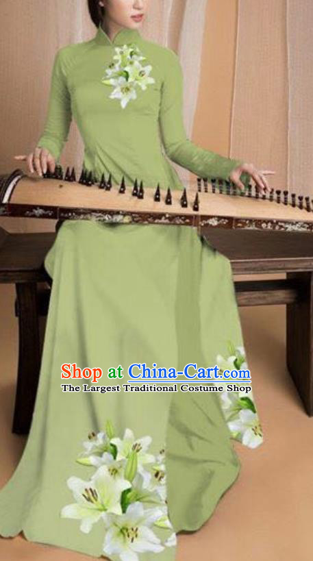 Asian Vietnam Traditional Printing Lily Flowers Olive Green Dress Vietnamese National Classical Ao Dai Cheongsam for Women