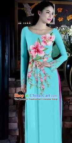 Asian Vietnam Traditional Bride Printing Peach Blossom Dress Vietnamese National Classical Ao Dai Cheongsam for Women