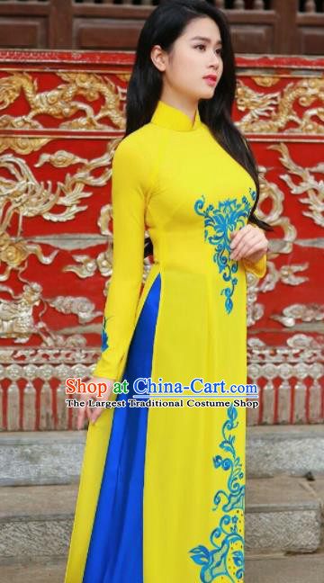 Asian Vietnam Traditional Bride Printing Yellow Dress Vietnamese National Classical Ao Dai Cheongsam for Women