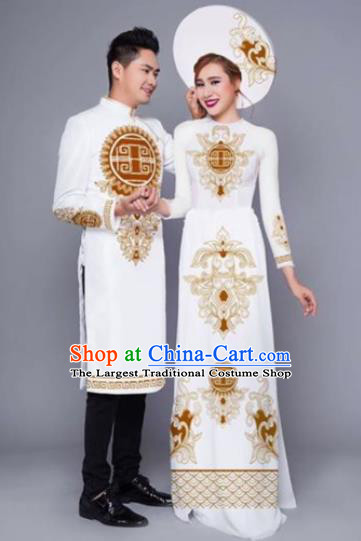 Asian Vietnam Traditional Wedding Golden Costumes Vietnamese National Classical Ao Dai Cheongsam for Women for Men