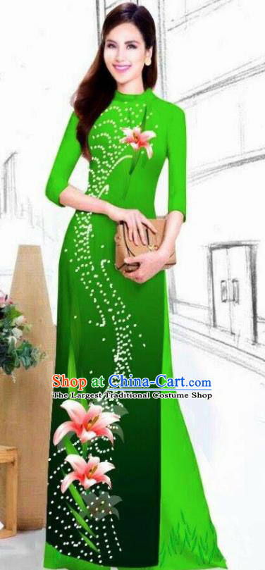 Asian Vietnam Traditional Bride Printing Lily Flowers Deep Green Dress Vietnamese National Classical Ao Dai Cheongsam for Women