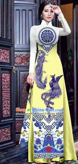 Asian Vietnam Traditional Bride Printing Phoenix Yellow Dress Vietnamese National Classical Ao Dai Cheongsam for Women