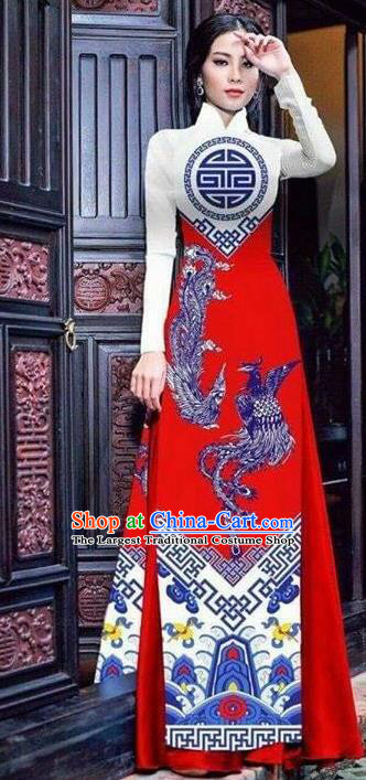 Asian Vietnam Traditional Bride Printing Phoenix Red Dress Vietnamese National Classical Ao Dai Cheongsam for Women