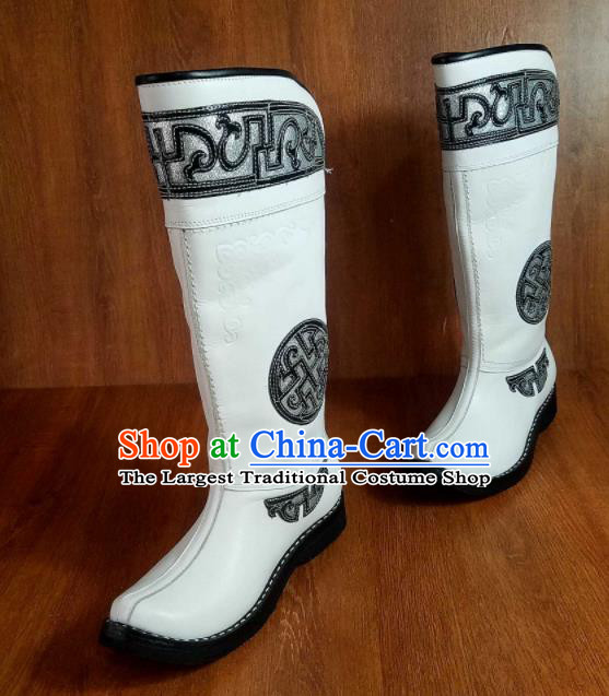 Traditional Chinese Mongol Nationality White Leather Boots Mongolian Minority Folk Dance Shoes for Men
