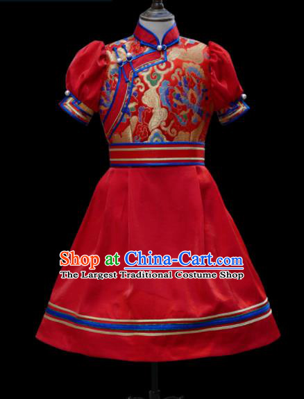 Traditional Chinese Mongol Ethnic Red Short Dress Mongolian Minority Folk Dance Clothing for Kids