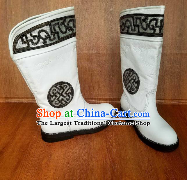 Traditional Chinese Mongol Ethnic Embroidered White Leather Boots Mongolian Minority Folk Dance Handmade Shoes for Men