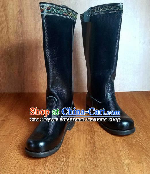 Traditional Chinese Mongol Ethnic Black Leather Boots Mongolian Minority Folk Dance Handmade Shoes for Men