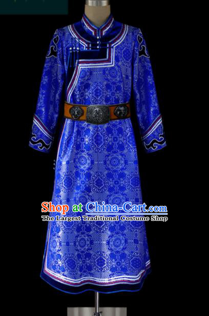 Chinese Traditional Mongol Ethnic Wedding Royalblue Robe Mongolian Minority Folk Dance Costume for Men