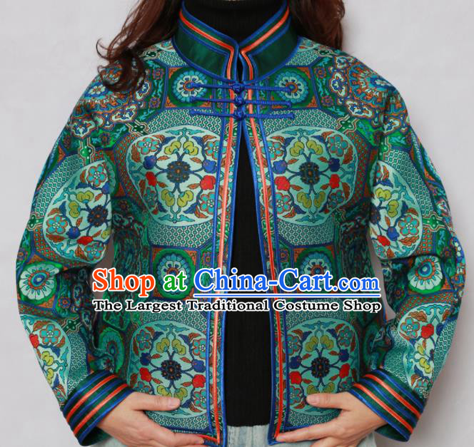 Traditional Chinese Mongol Ethnic Green Cotton Wadded Jacket Mongolian Minority Folk Dance Costume for Women