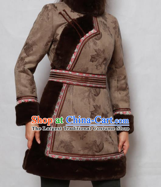 Traditional Chinese Mongol Ethnic Brown Cotton Wadded Jacket Mongolian Minority Folk Dance Costume for Women