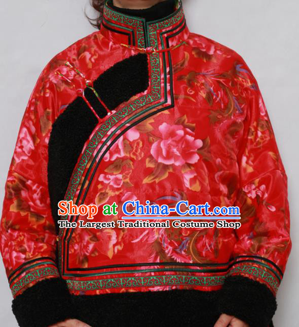 Traditional Chinese Mongol Ethnic Red Cotton Wadded Jacket Mongolian Minority Folk Dance Costume for Women