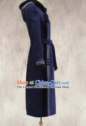 Traditional Chinese Mongol Ethnic Navy Cotton Wadded Coat Mongolian Minority Folk Dance Costume for Women