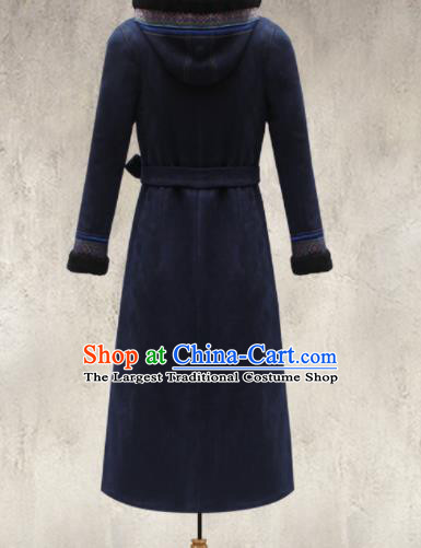 Traditional Chinese Mongol Ethnic Navy Cotton Wadded Coat Mongolian Minority Folk Dance Costume for Women