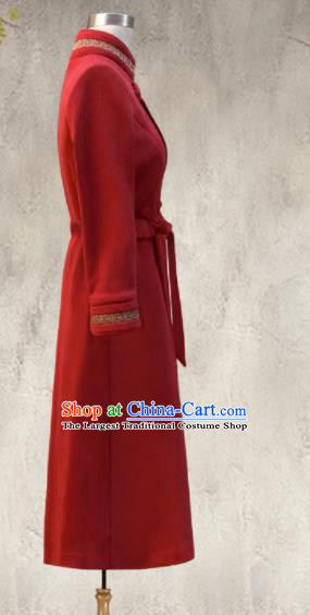 Traditional Chinese Mongol Ethnic Red Suede Coat Mongolian Minority Folk Dance Costume for Women