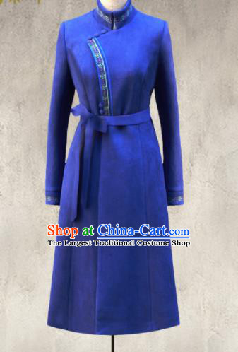 Traditional Chinese Mongol Ethnic Royalblue Suede Coat Mongolian Minority Folk Dance Costume for Women