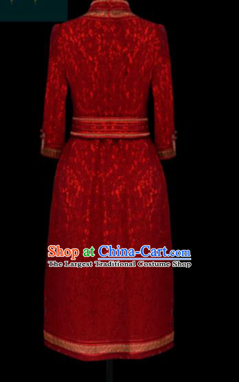 Traditional Chinese Mongol Ethnic Red Lace Dress Mongolian Minority Folk Dance Embroidered Costume for Women