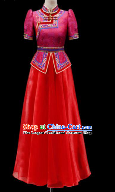 Traditional Chinese Mongol Ethnic National Wedding Red Dress Mongolian Minority Folk Dance Costume for Women