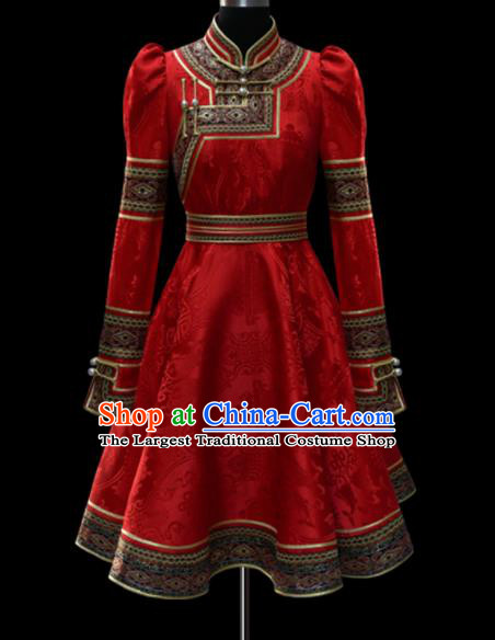 Traditional Chinese Mongol Ethnic National Red Dress Mongolian Minority Folk Dance Costume for Women