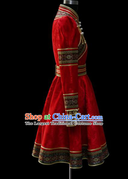 Traditional Chinese Mongol Ethnic National Red Dress Mongolian Minority Folk Dance Costume for Women