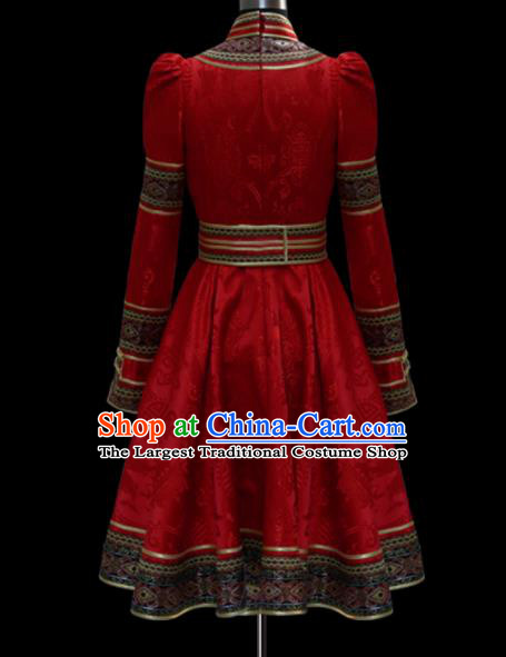 Traditional Chinese Mongol Ethnic National Red Dress Mongolian Minority Folk Dance Costume for Women