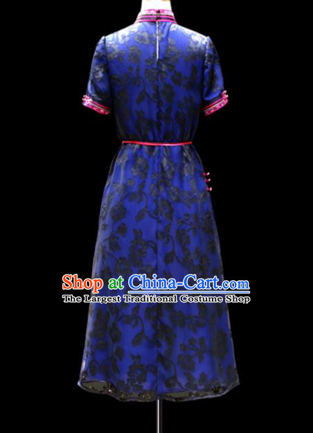 Traditional Chinese Mongol Ethnic National Blue Lace Dress Mongolian Minority Folk Dance Costume for Women