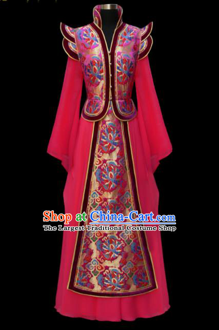Traditional Chinese Mongol Ethnic National Rosy Brocade Dress Mongolian Minority Folk Dance Costume for Women