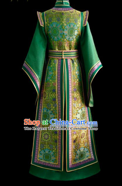 Traditional Chinese Mongol Ethnic National Green Brocade Dress Mongolian Minority Folk Dance Costume for Women