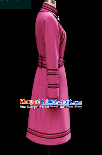 Traditional Chinese Mongol Ethnic Pink Dress Mongolian Minority Folk Dance Embroidered Costume for Women