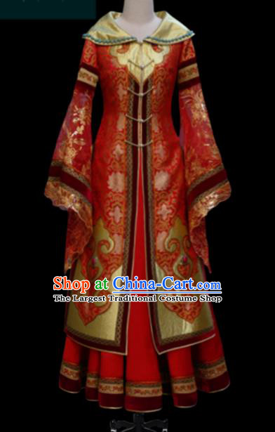 Traditional Chinese Mongol Ethnic Bride Red Dress Mongolian Minority Folk Dance Embroidered Costume for Women