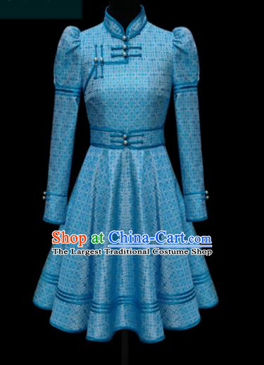 Traditional Chinese Mongol Ethnic Blue Dress Mongolian Minority Folk Dance Embroidered Costume for Women